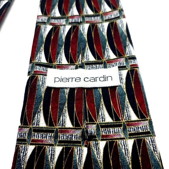 Pierre Cardin Gray Red Silk Tie Woven Wide Geometric - Picture 4 of 6